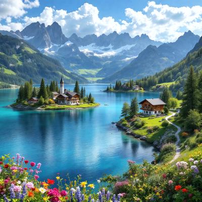 The primary subject of the image is a picturesque scene of a small village situated on a lake. The village is surrounded by a beautiful landscape, including mountains in the background. The setting is serene and peaceful, with the lake providing a calm and tranquil atmosphere. The visual style of the image is a photo, capturing the natural beauty of the location. The colors and mood of the image are predominantly blue and green, reflecting the calmness of the lake and the serenity of the village.